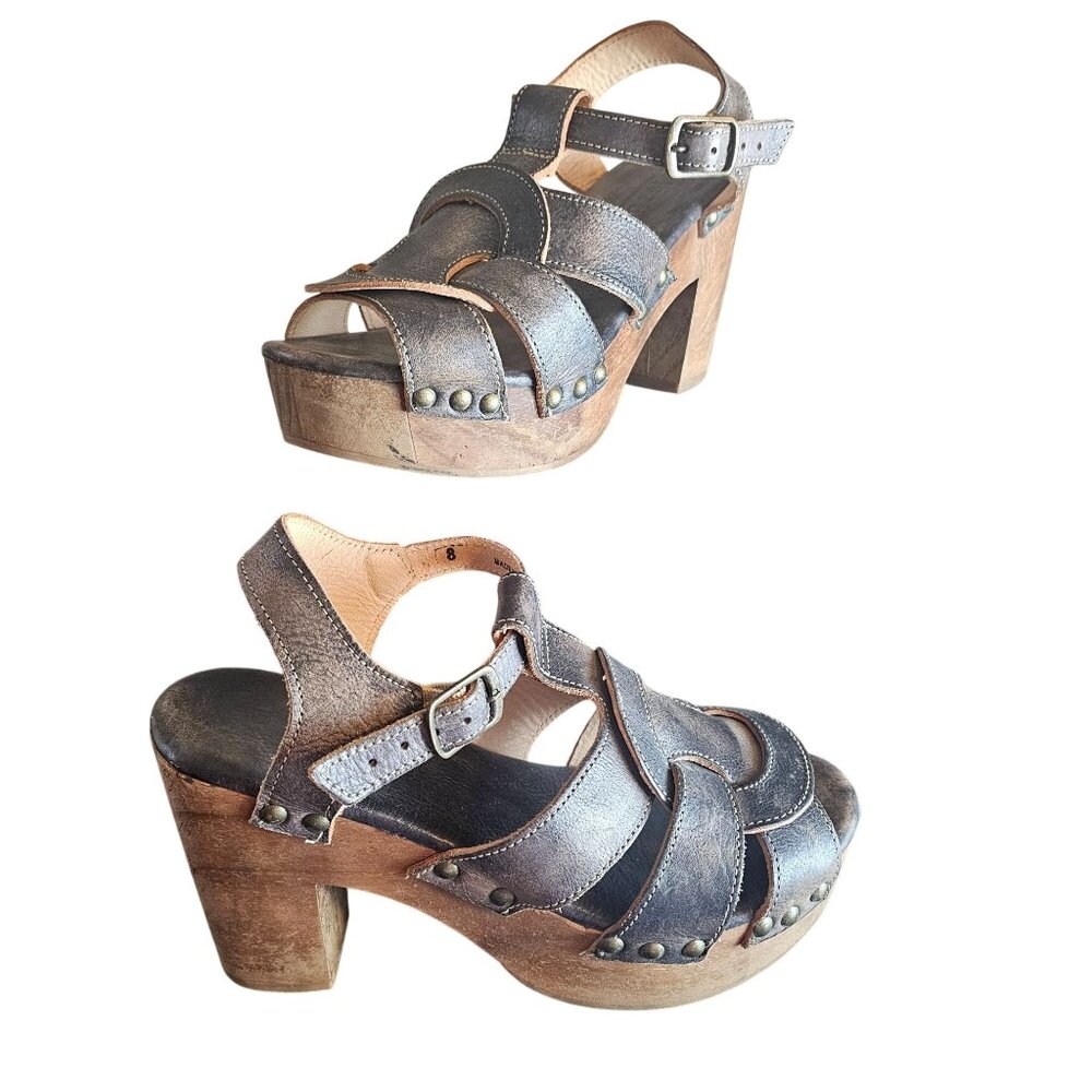 Bed Stu Caitlin F376002 Womens Brown Leather Hook & Loop Heeled Sandals Shoes